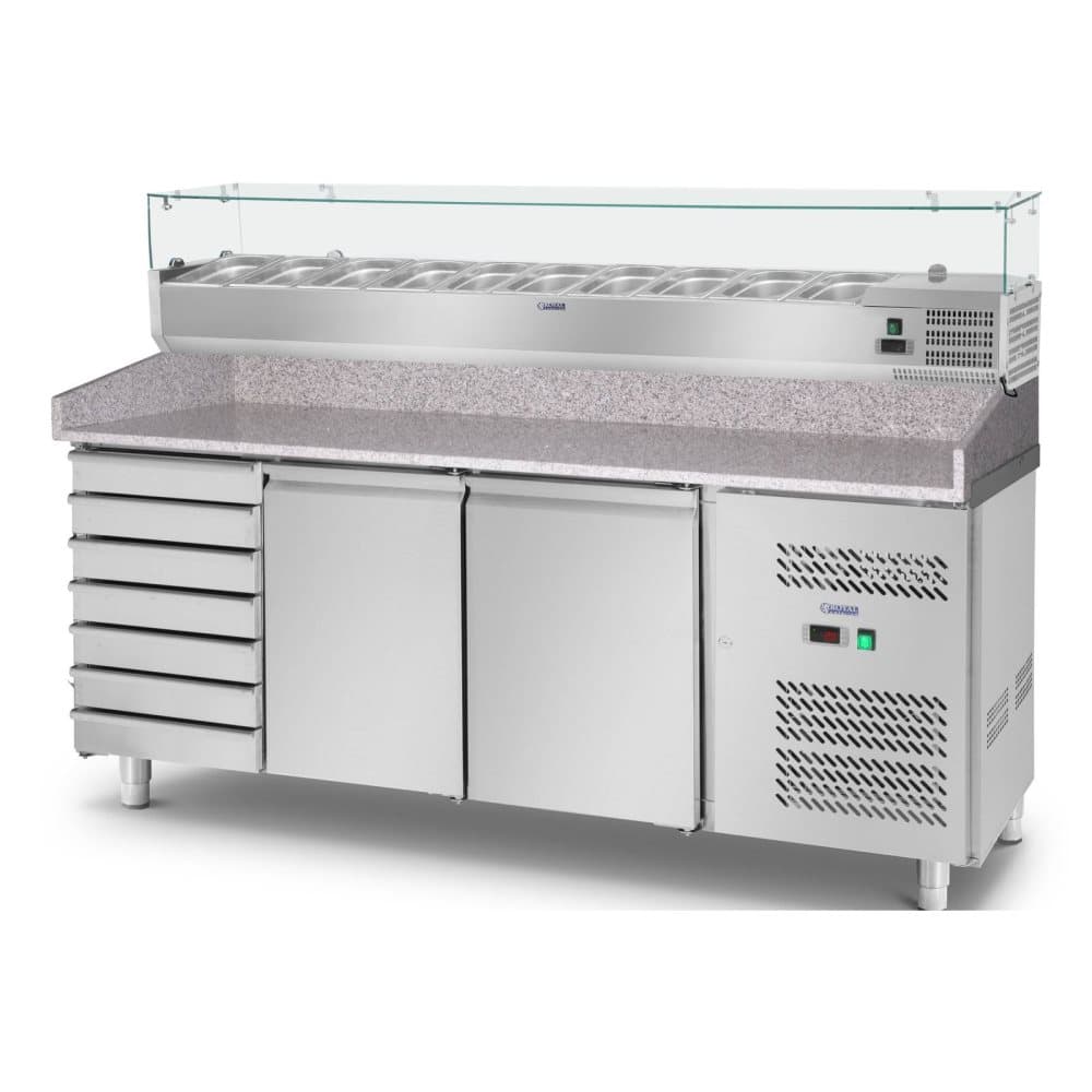 Royal Catering Pizzabänk med kylränna - 702 l - arbetsbänk av granit - 2 dörrar