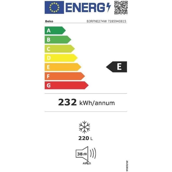 Fristående upprättstående frys - BEKO - B3RFNE274W - Klass E - 220 L - Autonomi: 13 h - 75,4 x 59,7 x 151,5 cm - Vit
