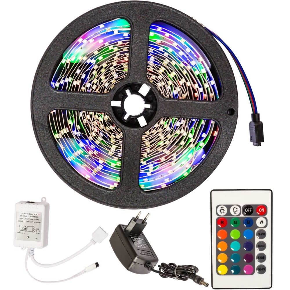 RGB LED bånd 5 m. med fjernbetjening - hvid