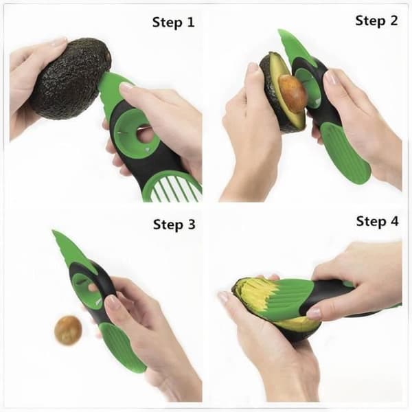 Avokadoskärare, 3 i 1 gröna stänkgropar Skivor Päron Vassa frukt Avokado Mango Papaya Pitter Skalare