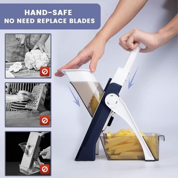 Safety Slicer Köksmandolin - Manuell multifunktionsskärare för alla grönsaker - Blå - Rostfritt stålblad, Julienne, Kuber