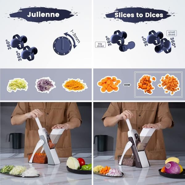Safety Slicer Köksmandolin - Manuell multifunktionsskärare för alla grönsaker - Blå - Rostfritt stålblad, Julienne, Kuber