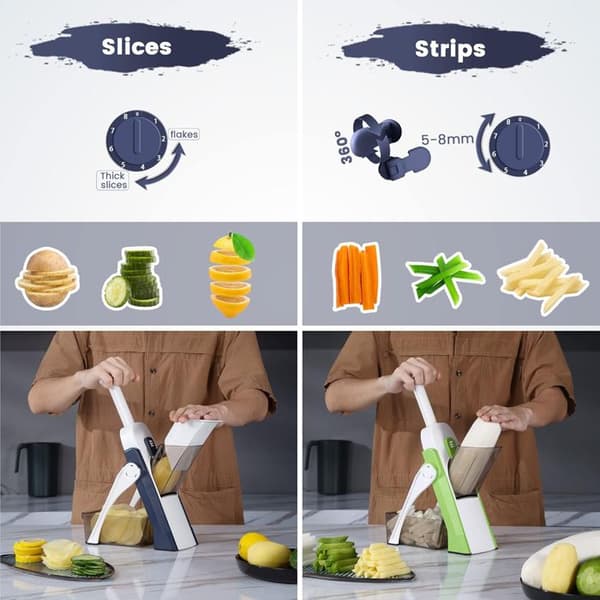 Safety Slicer Köksmandolin - Manuell multifunktionsskärare för alla grönsaker - Blå - Rostfritt stålblad, Julienne, Kuber
