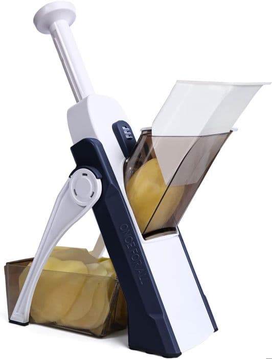 Safety Slicer Köksmandolin - Manuell multifunktionsskärare för alla grönsaker - Blå - Rostfritt stålblad, Julienne, Kuber