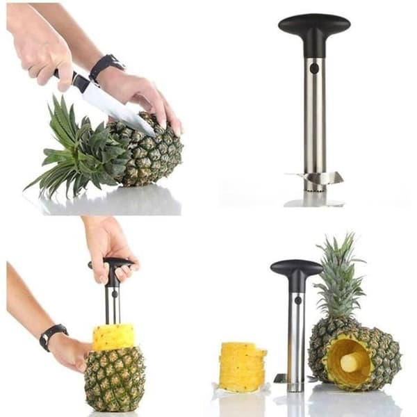 Ananas Skärare, Ananas Avkärnare i Rostfritt Stål, Ananas Kniv, Ananas Skärverktyg för Hemmet, Restaurang - Svart