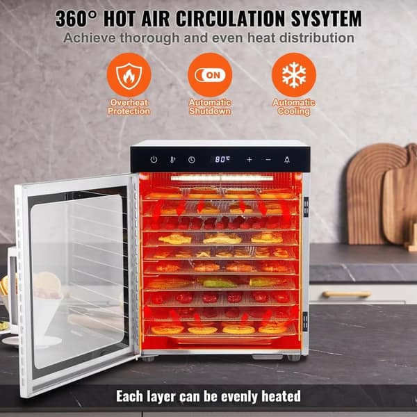 800W hushållsmattorkare med 10 brickor, LED-ljus och stort visningsfönster, 360° varmluftscirkulation, justerbar timer och temperatur