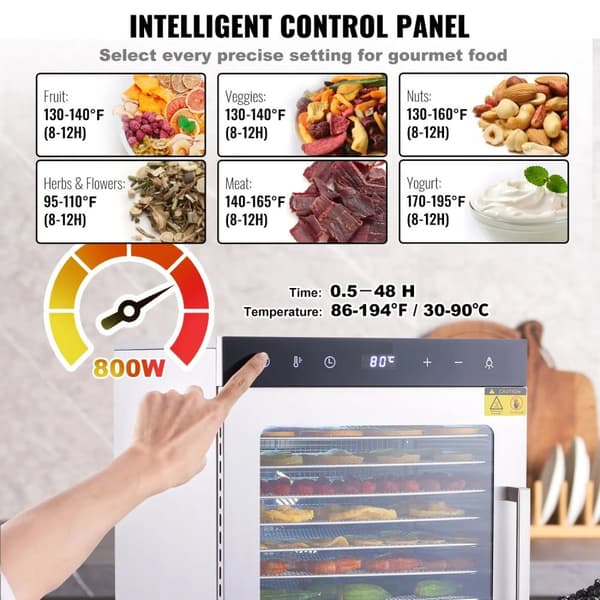 800W hushållsmattorkare med 10 brickor, LED-ljus och stort visningsfönster, 360° varmluftscirkulation, justerbar timer och temperatur