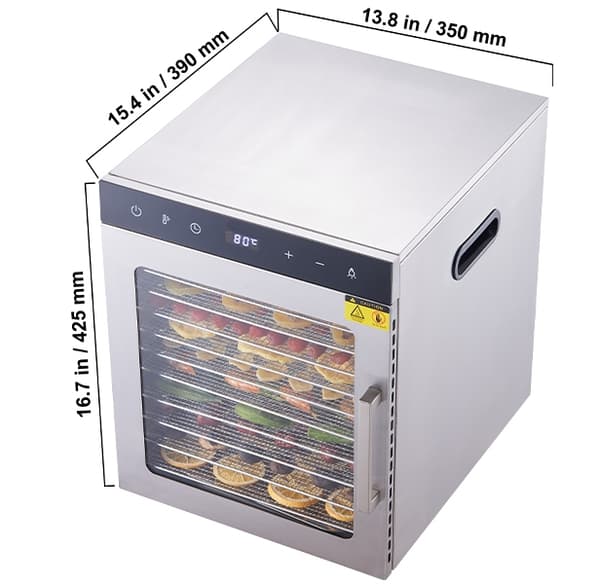 800W hushållsmattorkare med 10 brickor, LED-ljus och stort visningsfönster, 360° varmluftscirkulation, justerbar timer och temperatur