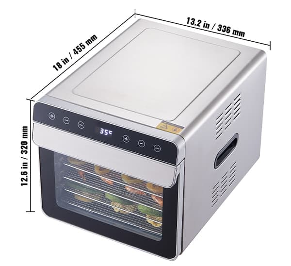 700W elektrisk mattorkare med 6 brickor, 360° varmluftscirkulationssystem, justerbar timer och temperatur
