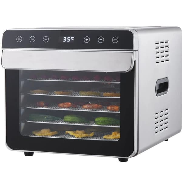 700W elektrisk mattorkare med 6 brickor, 360° varmluftscirkulationssystem, justerbar timer och temperatur