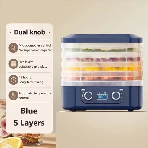 Ruokakuivuri, säädettävä lämpötila, viiden kerroksen muotoilu,Sininen, EU