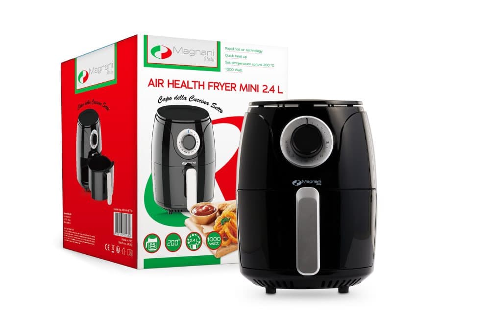 MAGNANI Varmluftsfritös 2,4 L, Svart 3 i 1 Air fryer 30 minuter timer, 200 ° C, 1000 W, för ångning, rostning och fritering
