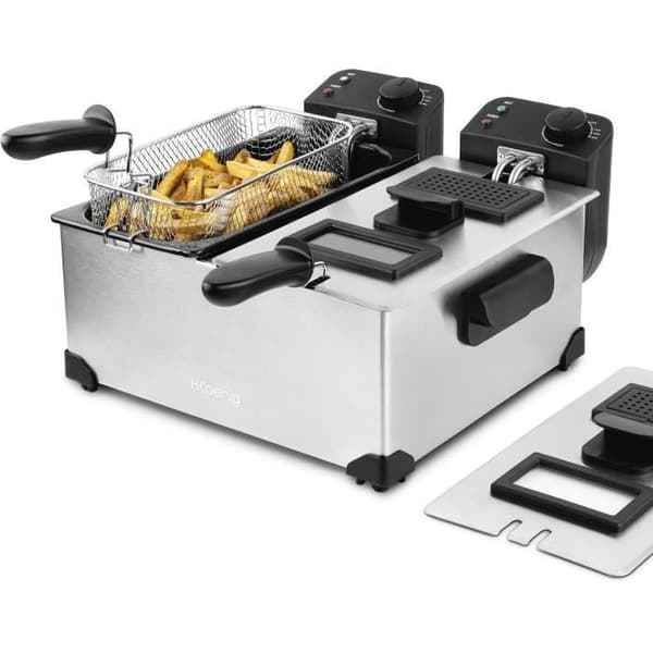 HKoeNIG DFX600 - Dubbel stekpanna 2x3L - 3600W - 2 oberoende termostater - Avtagbara korgar - Antiluktfilter - Stål Sort, Rustfrit stål