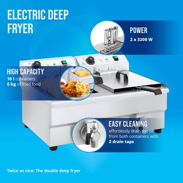 Royal Catering Elektrisk fritös - Dubbel - 2 x 16 L - Med tappkran