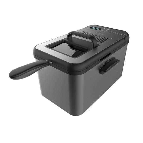 Cecotec 4.2-litre digital fryer, with stainless-steel black-tinted elegant design and 5 preset programmes. Features 3270 W power and includes OilClea
