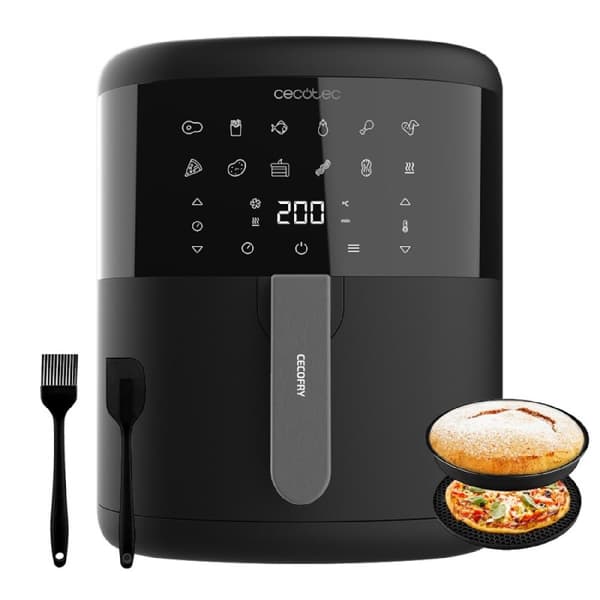 Cecotec Compact 6-l, oil-free digital air fryer with PerfectCook technology and accessory pack.