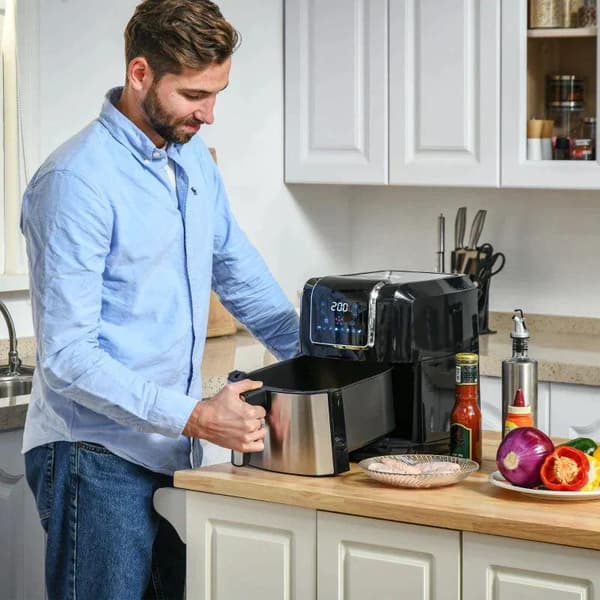 Rootz Hot Air Fryer - 1700w med 8 menyer - LED-skärm - Non-stick belagd korg för hälsosam oljefri - Matlagning med låg fetthalt - Svart - 36,5 x 29 x