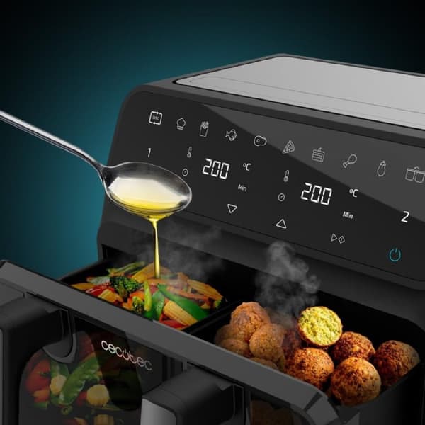 Cecotec Digital oil-free air fryer, 9 l capacity, removable divider, dual temperature, display window, and PerfectCook technology.