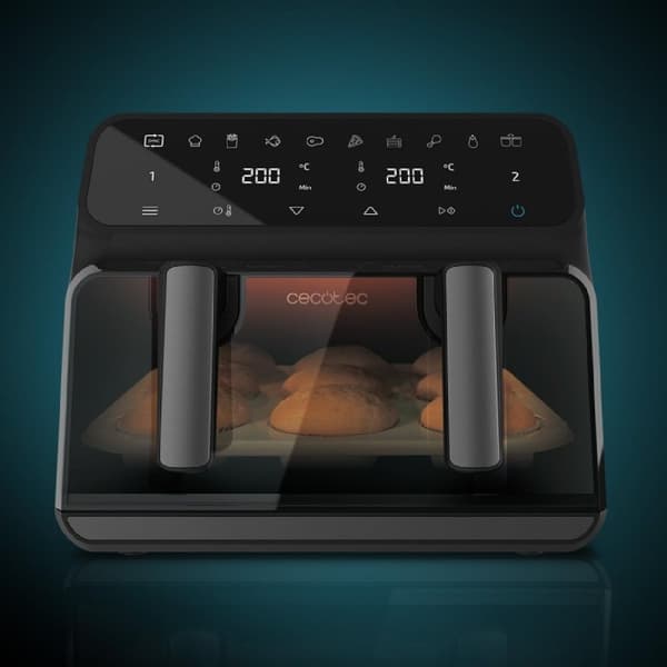 Cecotec Digital oil-free air fryer, 9 l capacity, removable divider, dual temperature, display window, and PerfectCook technology.