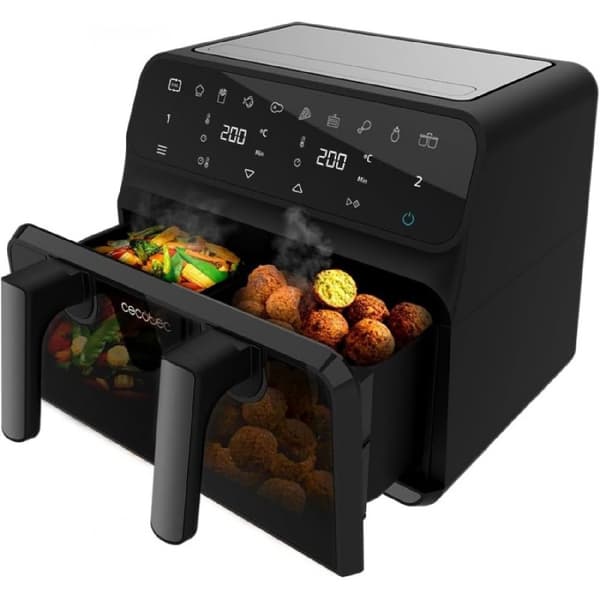 Cecotec Digital oil-free air fryer, 9 l capacity, removable divider, dual temperature, display window, and PerfectCook technology.