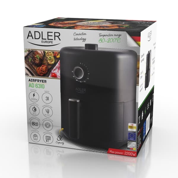 Adler | AD 6310 | Airfryer | Effekt 2200 W | Kapacitet 3 L | Højvolumen varmluftscirkulationsteknologi | Sort