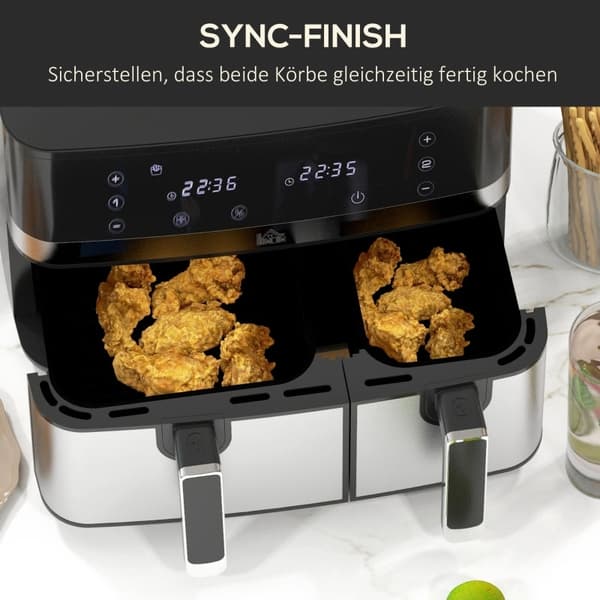 Rootz Hot Air Fryer - Frituregryde - Dual Basket Fryer - 2700W - 8 indstillinger - Smart Finish - Sundere måltider - 41,8 cm x 39,2 cm x 31,1 cm - Sor
