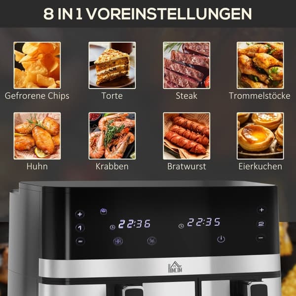 Rootz Hot Air Fryer - Frituregryde - Dual Basket Fryer - 2700W - 8 indstillinger - Smart Finish - Sundere måltider - 41,8 cm x 39,2 cm x 31,1 cm - Sor