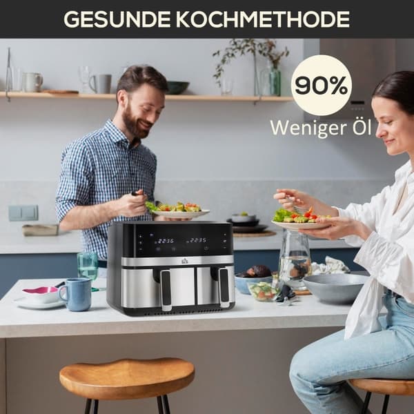 Rootz Hot Air Fryer - Frituregryde - Dual Basket Fryer - 2700W - 8 indstillinger - Smart Finish - Sundere måltider - 41,8 cm x 39,2 cm x 31,1 cm - Sor