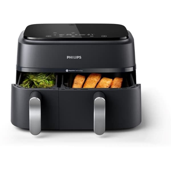 Airfryer utan olja - PHILIPS - Airfryer XXL NA351/00 - Dubbel skål 9L - 8 förinställningar - Svart Sort, Sølv