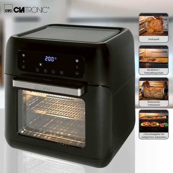 Fritös med varmluft utan olja 11L digital 9 program grillspett för kyckling Clatronic FR 3747 1500W Svart 39377