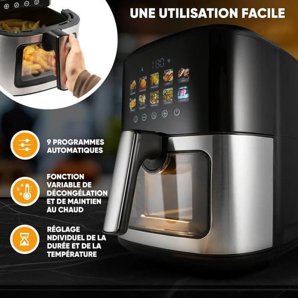 Luftfrityr, kapacitet 6,5 l, med termiskt isolerat fönster, olja- och fettfri luftfrityr, 1700 W