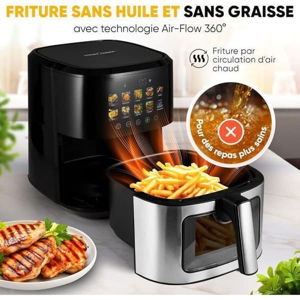 Luftfrityr, kapacitet 6,5 l, med termiskt isolerat fönster, olja- och fettfri luftfrityr, 1700 W