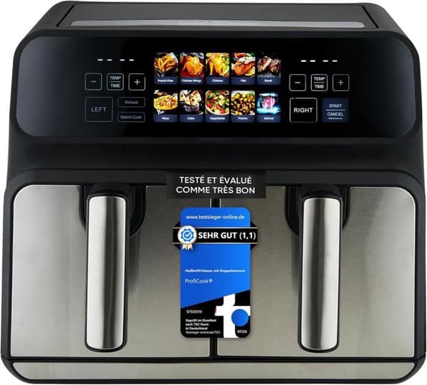 Dubbel luftfritös 2200W 8 liter (2x4 L) PROFICOOK Svart, Rostfritt stål