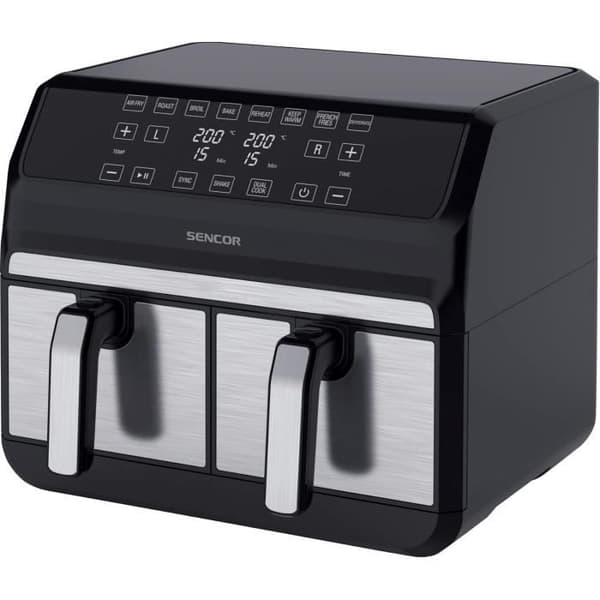 Sencor Luftfritös utan Olja Air Fryer, Dubbel Kompartment, Höghastighets Luftcirkulationsteknologi, Touchkontroll, Klar