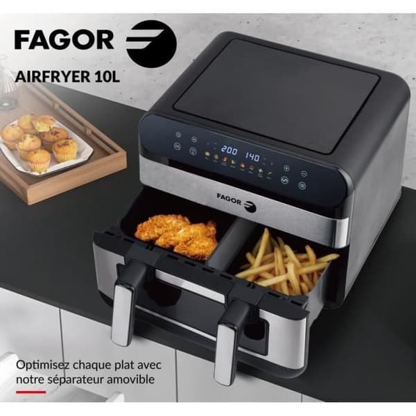 FAGOR Öljytön Friteerauskeitin - Airfryer FGF10 - 10 litran tilavuus - 4,5 litran kaksoissäiliöt - irrotettava väliseinä - 2400 W