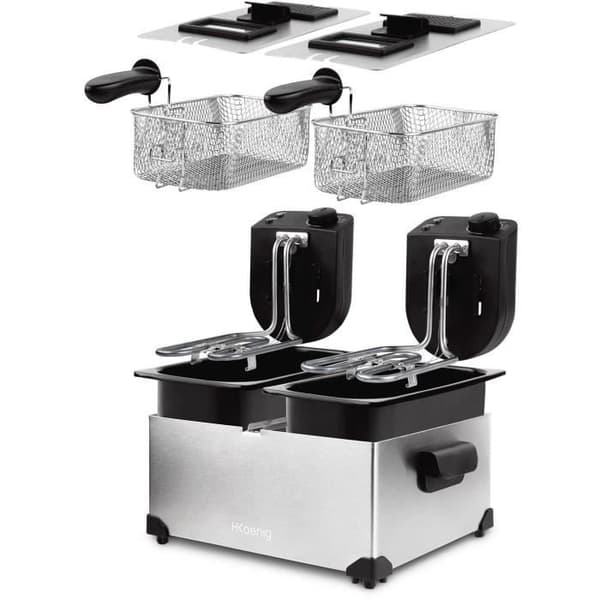 HKoeNIG Friteerauskeitin - DFX600 - Tuplasäiliö 2x3L - Itsenäiset termostaatit - Irrotettavat korit - Ruostumatonta terästä - 3600W