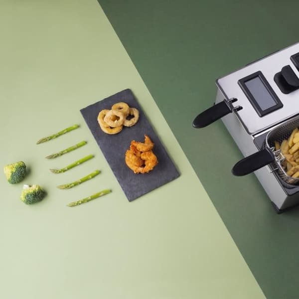 HKoeNIG Friteerauskeitin - DFX600 - Tuplasäiliö 2x3L - Itsenäiset termostaatit - Irrotettavat korit - Ruostumatonta terästä - 3600W