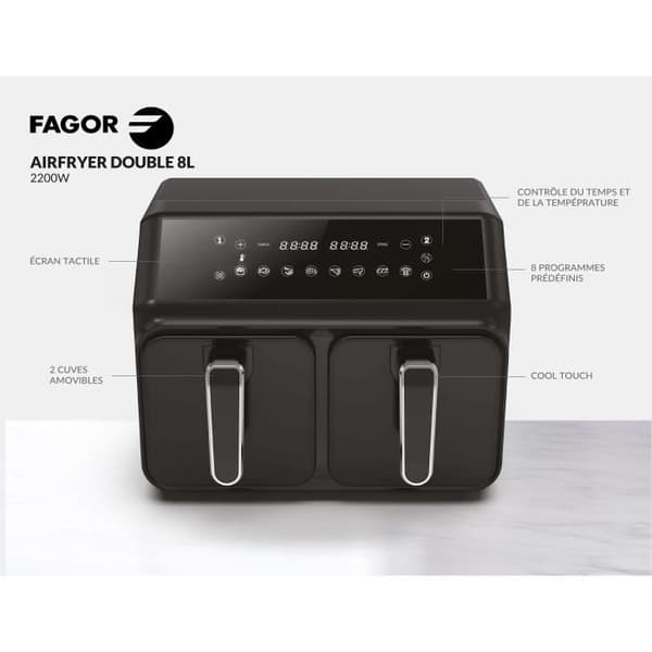 FAGOR Öljytön Friteerauskeitin - Airfryer FG2X4L - 8 litran tilavuus - Kaksi 4 litran säiliötä - 8 kypsennysohjelmaa - 2200 W