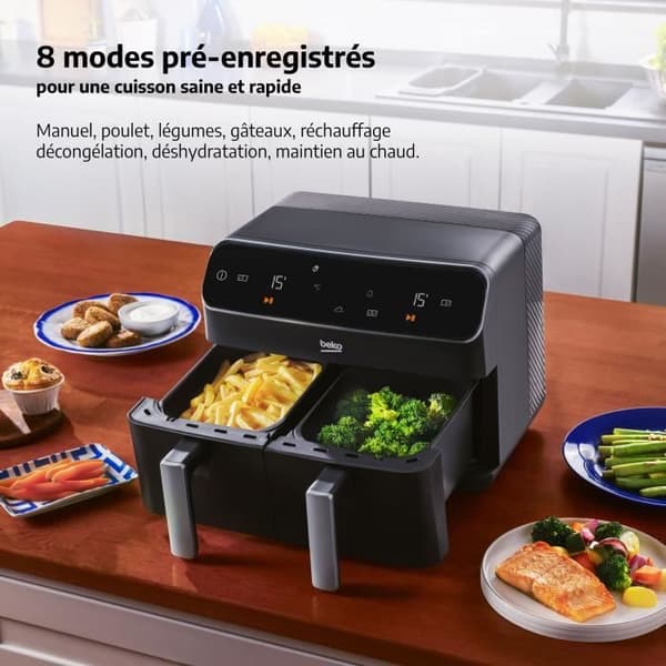 Multifunktions varmluftsfritös - BEKO - FRL5388B - 2400 W - 8,5 L för 2 kg pommes frites - 2 tankar (2 x 4,5 L) - Svart