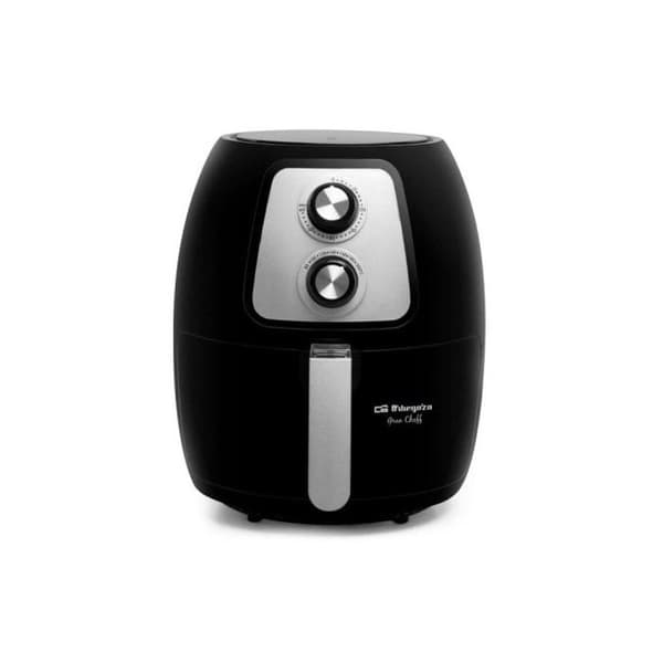 Orbegozo FDR 60 luftfritös i svart med en kapacitet på 4 liter, effekt från 1300 till 1500W, timer upp till 60 min eller kontinuerlig,