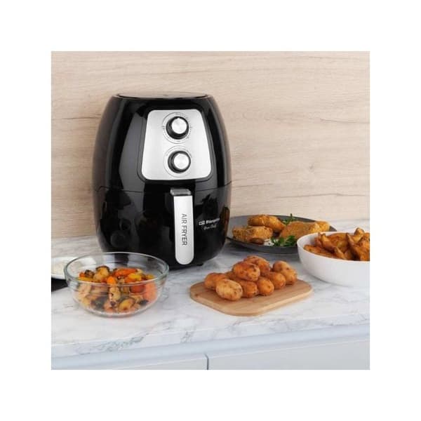 Orbegozo FDR 60 luftfritös i svart med en kapacitet på 4 liter, effekt från 1300 till 1500W, timer upp till 60 min eller kontinuerlig,