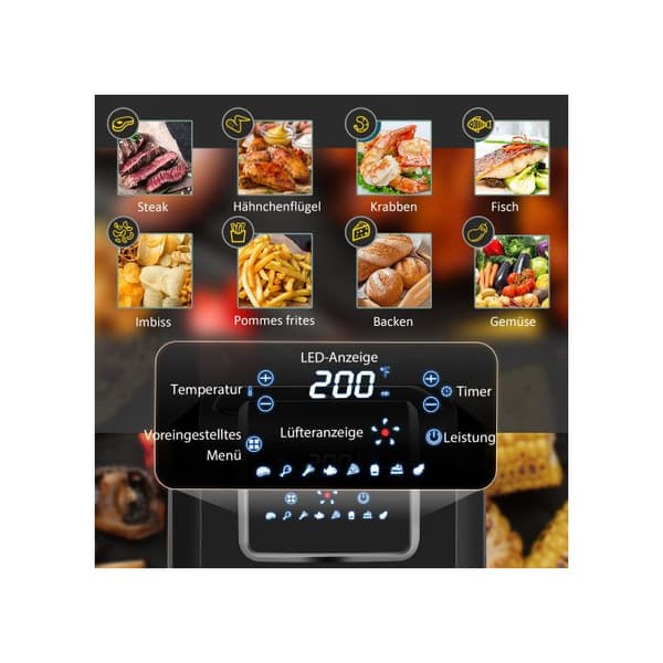 Luftfritös, 6,5 liter, 1700 watt, med 8 menyer, non-stick korg, 36,5 x 29 x 33,8 cm