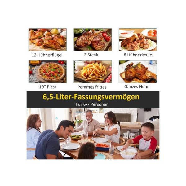 Luftfritös, 6,5 liter, 1700 watt, med 8 menyer, non-stick korg, 36,5 x 29 x 33,8 cm