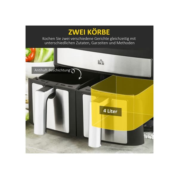 HOMCOM 8L Dubbelkammarfritös med 10 program, 2400 Watt luftfritös, svart