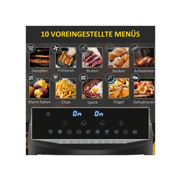 HOMCOM 8L Dubbelkammarfritös med 10 program, 2400 Watt luftfritös, svart