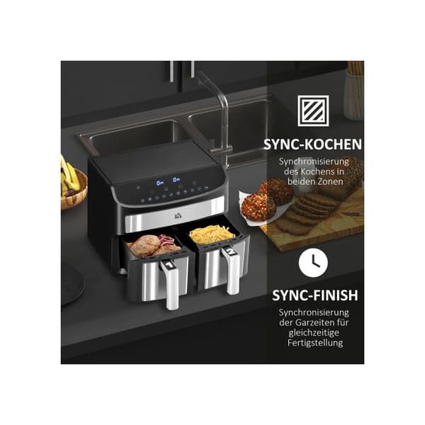 HOMCOM 8L Dubbelkammarfritös med 10 program, 2400 Watt luftfritös, svart