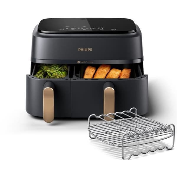 PHILIPS Airfryer NA352/04 - 9 litran kaksoissäiliö - 8 kypsennysohjelmaa - lisävarusteet sisältyvät - 2750 W Kupari, Harmaa