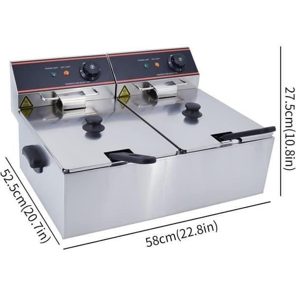TAIMIKO Elektrisk Fritös 12L Kommersiell Fritös Professionell Fritös 2 Behållare Rostfritt Stål Med 2 Plast Handtag 6000W 22