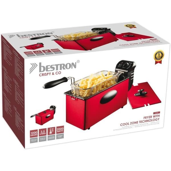 Bestron Oil-fritös med kallzonsteknik, 3,5 liter, Med temperaturregulator, 2000 Watt, Färg: röd