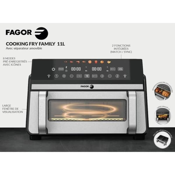 FAGOR Oljefri Fritös - Airfryer FG10AF - Kapacitet 11L - Dubbla 5,5L Tankar - Avtagbar Avdelare - 2200W